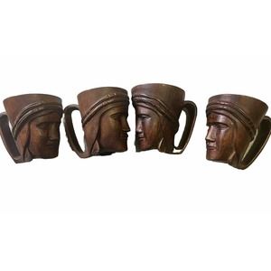 Vintage Carved Hawaiian Lady Face‎ Tiki Mug Monkey Pod Wood Lot (6 Mugs)